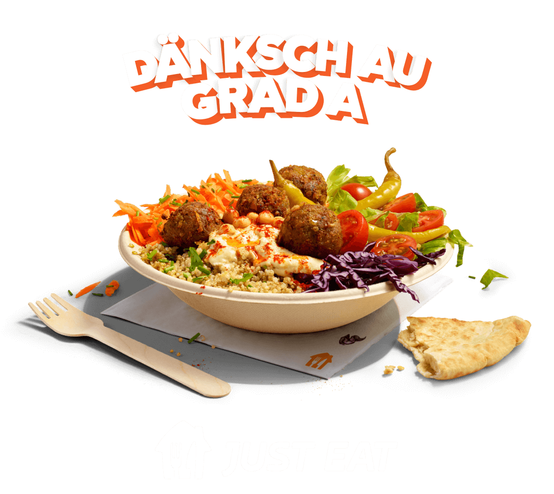 Изписано Dänksch au Grad a над купа с фалафел и зеленцчуци на оранжев фон и логото JUST EAT отдолу