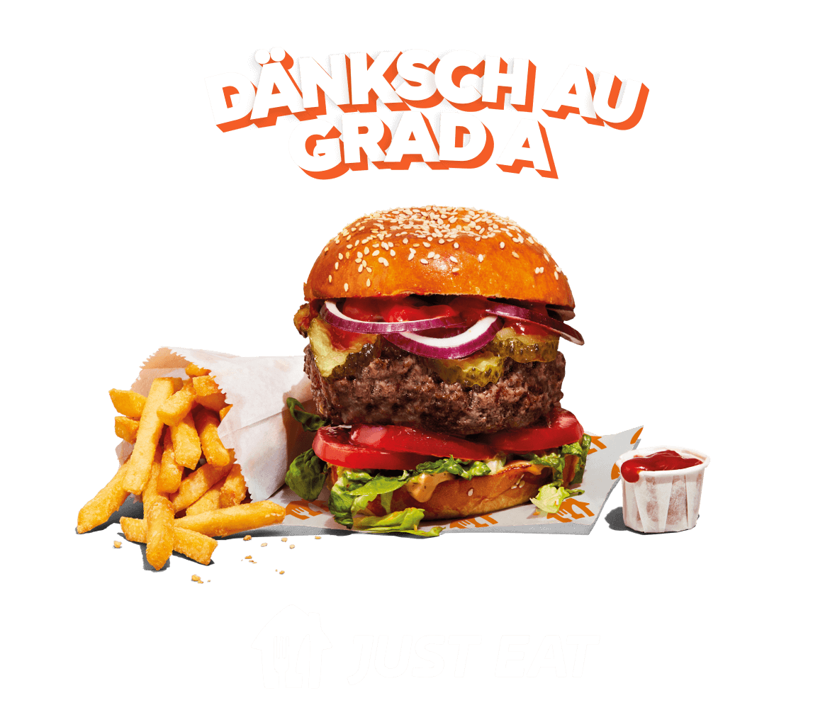 Grafik af Dänksch au Grad a over en burger med pomfritter og ketchup på en orange baggrund med et JUST EAT-logo nedenunder