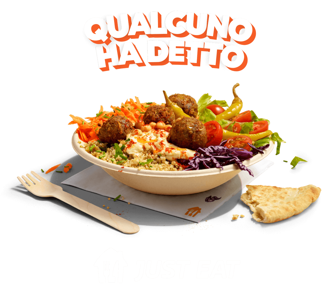 Grafica di Qualcuno ha detto sopra una ciotola di falafel e verdura su sfondo arancione con logo JUST EAT sotto