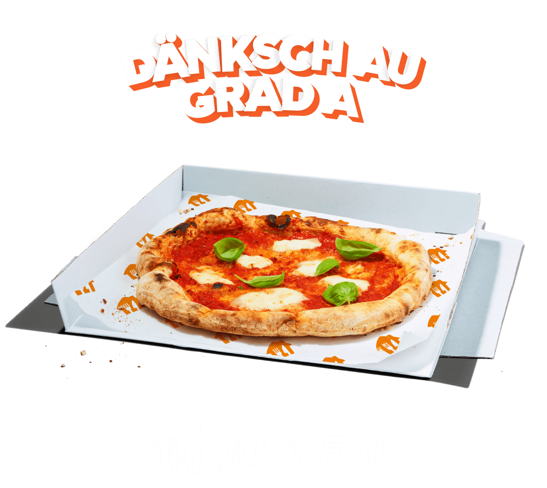 Grafik af Dänksch au Grad a over en pizza på en orange baggrund med et JUST EAT-logo nedenunder